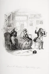 Mr. und Mrs. Mantalini im Büro von Ralph Nickleby zwischen Sir Mulberry und seinem Schüler, Illustration aus 